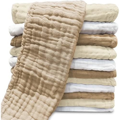 Sunny zzzZZ Muslin Burp Cloths for Baby 100% Cotton Burping Cloths for Unisex, Boy, Girl - Large 20'' by 10'' Newborn Essentials Ultra Soft Absorbent Milk Spit Up Rags - 12 Pack - White+Ivory+Brown