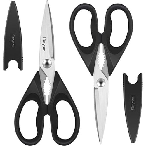 iBayam Black Kitchen Scissors - Heavy Duty Meat & Poultry Shears, Dishwasher Safe Stainless Steel Utility Scissors, 2-Pack Black Kitchen Utensils Set for New Home Essentials
