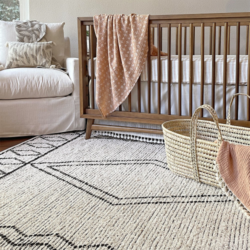 Crane Baby Hand Woven Cotton Ezra Shag Rug - Cream And Slate, 60” X 84”
