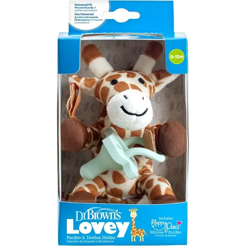Dr. Brown's Baby Lovey Pacifier and Teether Holder, Giraffe with Green HappyPaci, 100% Silicone, 0-6m