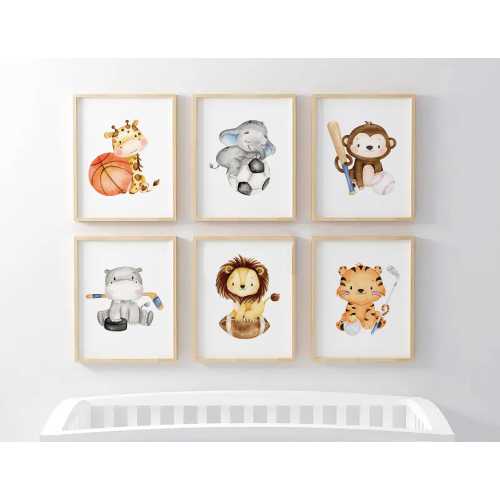 Sports Animals Nursery Art SET OF 6 Digital Download | Sports and Animals | Nursery Art | Baby Animals | Printable Wall Art