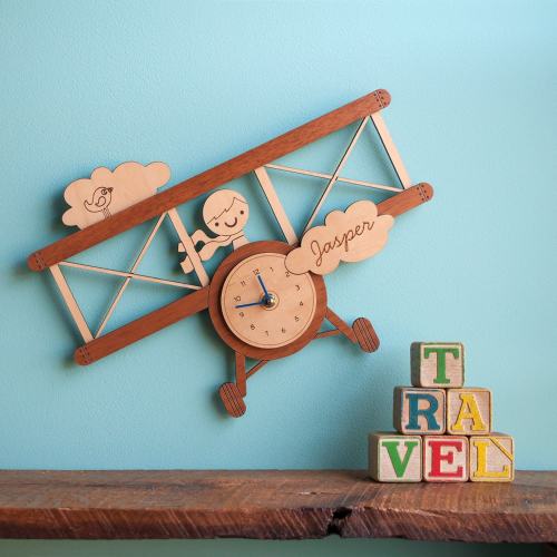 Airplane Wood Nursery Wall Clock: Personalized Baby Kids