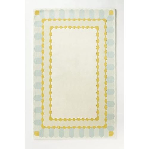Hand Tufted Geometric Border Area Rug – White, Yellow & Blue Pastel Colored, Modern Handwoven Cotton Wool Rug for Living Room, Bedroom or Office – Soft & Durable | 3ft x 5ft