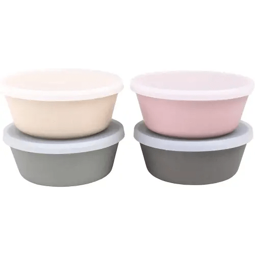 WeeSprout Bamboo Kids Bowls with Lids, Set of Four 10 oz kid-Sized Bamboo Bowls, Bamboo Kid Bowls with Lids for Leftovers, Dishwasher Safe (Pink, Green, Gray, & Beige)