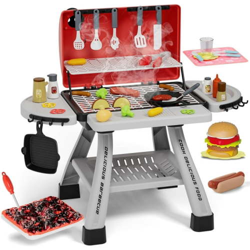 Kitchen Playset Toys For Kids Toys, Kids BBQ Grill Playset with Smoke, Sound & Light, Toy Grill for Kids, Pretend Play Food, Interactive Toys Barbecue Cooking Game for Toddlers Boys Girls 3-5