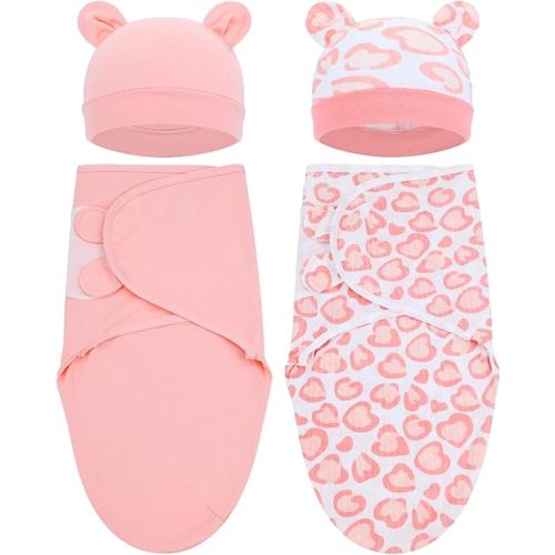 Cinaci 2 Pack Adjustable Soft Cotton Blend Newborn Baby Receiving Swaddle Blankets Sleep Sacks with Nursery Hats Caps Beanies Bonnets for Baby Girls Boys Newborns Infants