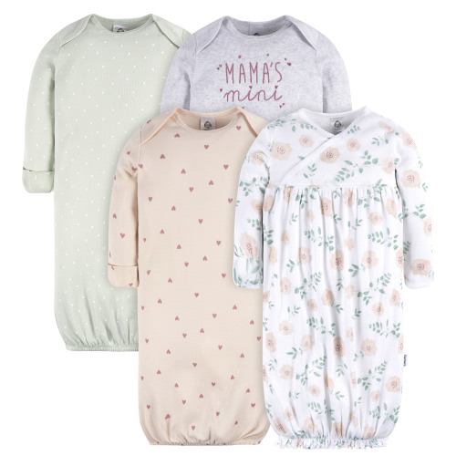 Gerber Baby Neutral Long Sleeve Gowns, 4-Pack, Sizes Newborn - 0/3 Months