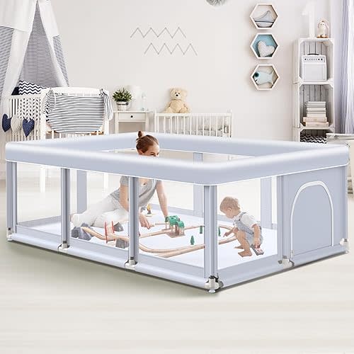 Baby Playpen 74"x50" Play Pens for Babies and Toddlers, Large Play Yards for Indoor & Outdoor with Zipper Gates, Breathable Mesh with Anti-Slip Base