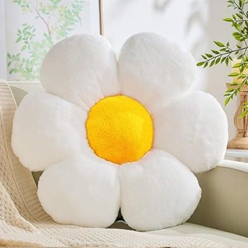 Cute Daisy Shaped Throw Pillow - Flower Seating Cushions for Adults & Kids - White & Yellow, 15.74 inch