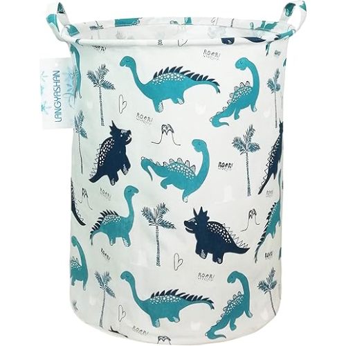 LANGYASHAN Laundry Basket Canvas Fabric Collapsible Organizer Basket for Storage Bin Toy Bins Gift Baskets Bedroom Clothes Children Nursery Hamper (Full dinosaur)