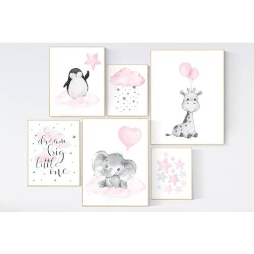Nursery wall art girl animals, pink grey, nursery decor girl pink, penguin, elephant, bear, moon and stars, baby room decor girl, pink gray
