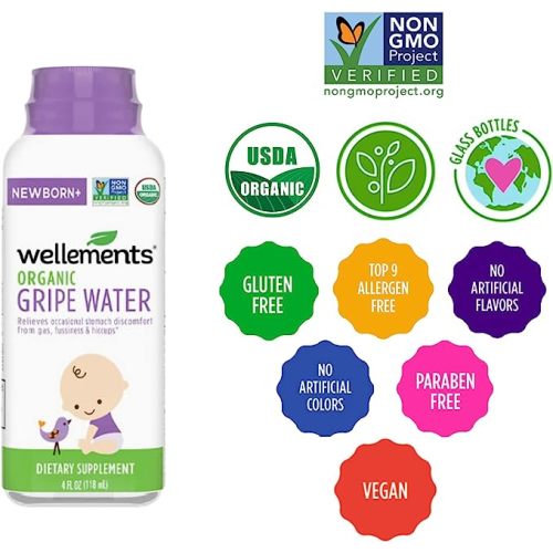 Wellements Organic Gripe Water 4 Fl Oz, Relief For Baby Gas, Colic & Fussiness, Herbal Remedy Of Chamomile, Fennel Seed & Ginger Root, USDA Certified Organic, Gluten Free & Non GMO, Ages Newborn+ - Gripe Water-1 Pack