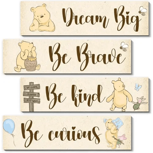 4Pcs Winie the Pooh Nurasy Decor-Winnie Bedroom Wall Decor-Adorable Winnie the Pooh Sign for Baby Room-Winnie the Pooh Nursery Decor-Baby Shower Decorations(Classic)