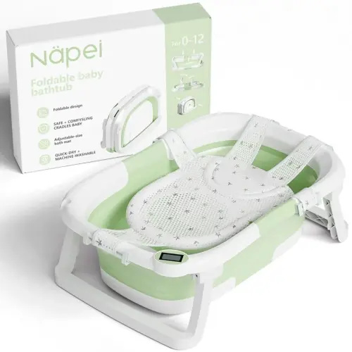 Collapsible Baby Bathtub,Baby Bath Tub with Soft Cushion & Thermometer,Baby Bathtub Newborn to Toddler 0-36 Months,Portable Travel Baby Tub