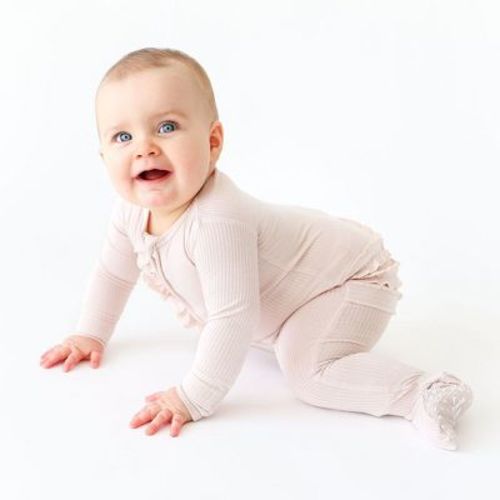 Infant Solid Ribbed - Sandy Blush Footie Ruffled Zippered One Piece - Posh Peanut