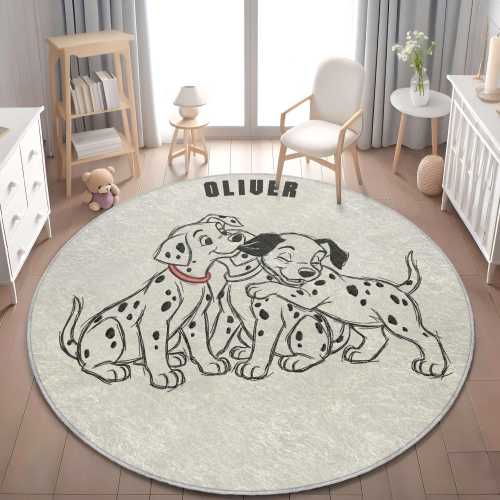 Personalized 101 Dalmatians Rug, Disney Nursery Decor, Custom Name Circle Mat, Vintage Sketch Pongo Puppies Carpet