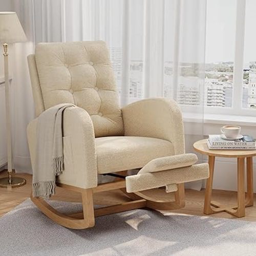 GarveeHome Nursery Rocking Chair with Adjustable Footrest, Teddy Fleece Upholstery, Sturdy Wooden Legs & High Backrest, Comfortable Glider Rocking Chair for Living Room or Bedroom, Light Brown