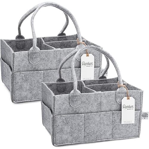 Parker Baby Diaper Caddy Multipack - Set of 2 Nursery Storage Bins and Car Organizers for Diapers, Wipes, and Baby Essentials - Portable and Stylish Diaper Totes - Gray