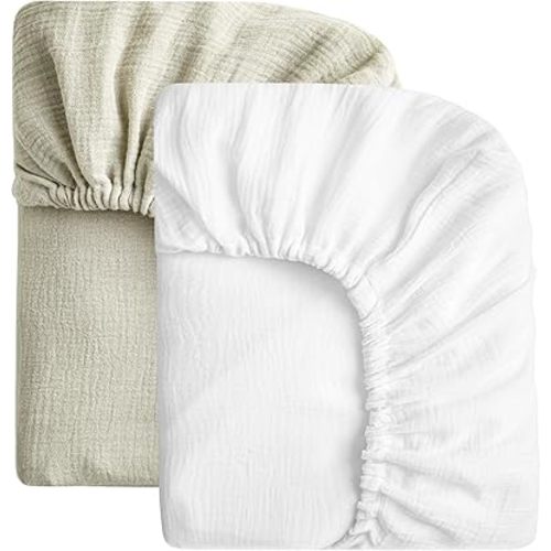 SOULFUL Muslin Crib Sheets for Boys Girls, 2 Pack Soft and Breathable Organic Cotton Fitted Crib Sheets for Standard Crib Mattress (28"x 52", White & Mist Sage)