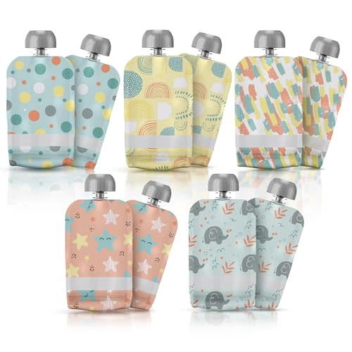 LittleWhispers Reusable Baby Food Pouches - Refillable with Applesauce, Yogurt, Fruit Puree, Smoothie - 10 Pack - Toddler & Kids Squeeze Pouch