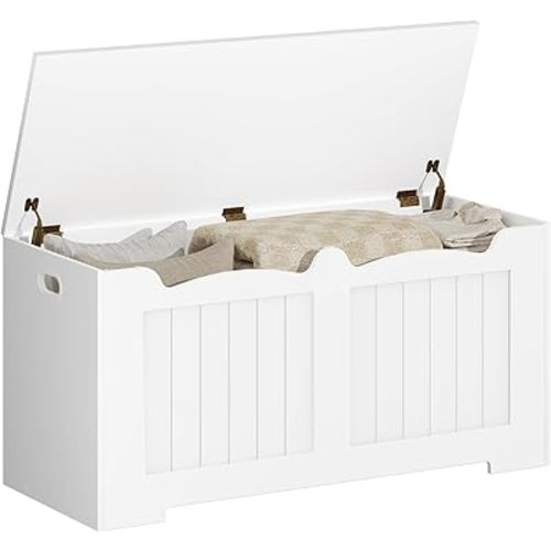 39.4" Storage Chest, Storage Bench Trunk with 2 Safety Hinges, Wooden Box, Lift-Top Chest Organizer, Shoe Bench for Entryway, Bedroom, Living Room, White 01003XSB