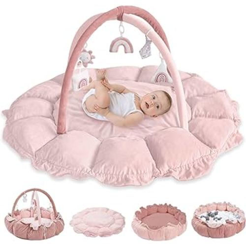 HAN-MM 5-in-1 Convertible Baby Play Gym with 6 Toys, Tummy Time Mat for Sensory Development, Baby Activity Center from Newborn to Toddler, Ball Pit, Cat & Dog Bed, Soft Plush Pet Bed, Pink