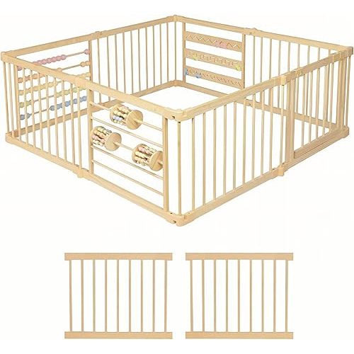 Wooden Playpen Extra Large for Toddlers and Babies - 3 Theme Toy Design - (8/10) Wood Panels - Foldable and Adjustable Baby playpen - Extra Large Baby playpen