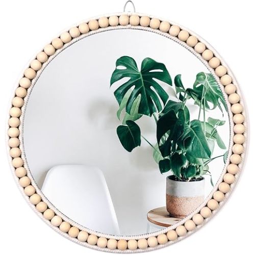 Poeme Boho Wall Mounted Circle Mirror, Wooden Round Wall Decor for Bathroom Living Room Bedroom, Decorative Hanging Farmhouse Nursery Furniture (17 Inch)