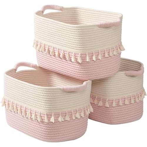 TeoKJ Storage Baskets 3 Packs, Storage Basket for toys,Towel, Storage Bins, Woven Basket for Shelves Bedroom Laundry Nursery, White & Pink