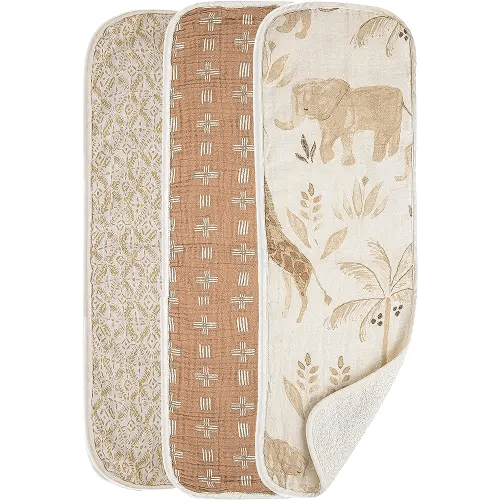 Crane Baby Soft Muslin Burp Cloth, Lightweight and Absorbent Burp Cloth for Boys and Girls, Safari Animal, 3 Piece, 7” x 20”