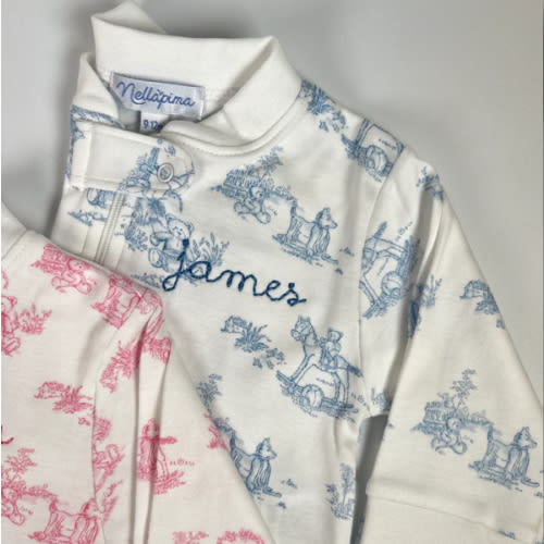 Blue Toile Zipper Footie