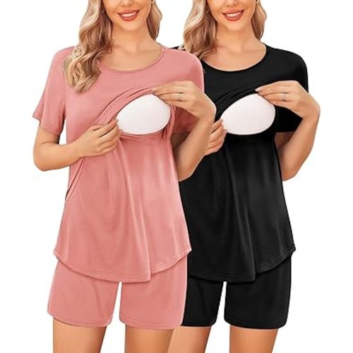 Ekouaer 2 Pack Women's Maternity Nursing Pajamas Double Layer Breastfeeding Sleepwear Short Sleeve Top & Shorts Pregnancy PJS