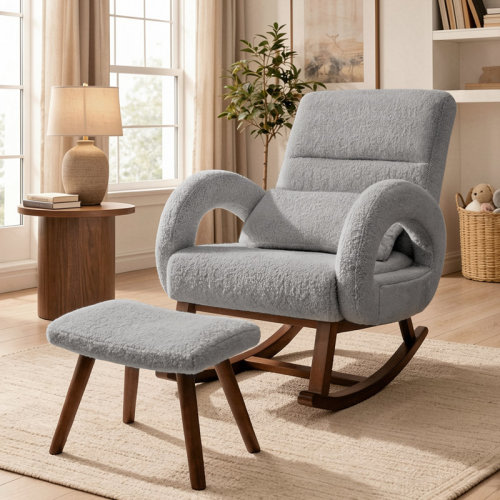 George Oliver Rocking Chair Nursery with Ottoman, Boucle Teddy Fabric Glider Rocker with High Backrest & Lumber Pillow,Modern Upholstered Accent Armchair with Solid Wood Legs for Living Room,Bedroom(Cream) | Wayfair