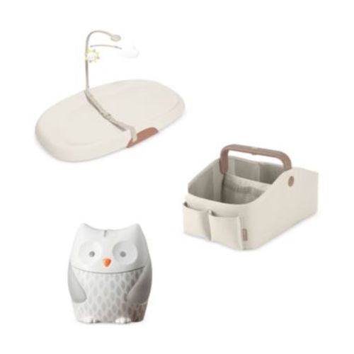 Moonlight Melodies Owl Nightlight Soother, Nursery Style Light-Up Diaper Caddy & Nursery Style Wipe-Clean Changing Pad