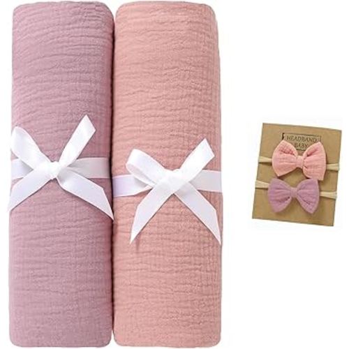 2 Pack Muslin Swaddle Blankets with Headband Set 47x47 in,Large Size 100% Organic Cotton Muslin Baby Blanket for Newborn,Nursery Baby Receiving Blankets for Boys and Girls (Violet+Pink)