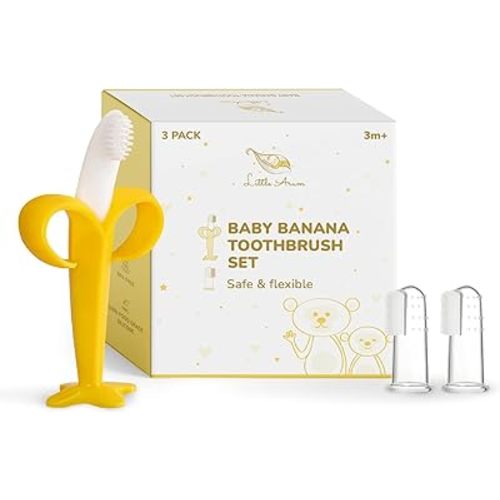 Little Arum Baby Banana Teether, Silicone Baby Training Toothbrush, Baby's First Silicone Finger Toothbrush, Relief from teething, Clean teeth,3-Pack
