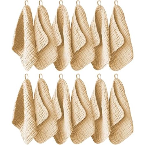12 Pack Muslin Washcloths for Baby - 100% Cotton Baby Wash Cloths for or Baby Face Body Comfy and Soft for Newborn Infants Kids Girls and Boys - 12"x12" - Brown