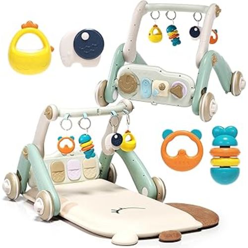 Jovow 2 in 1 Baby Gym with Walker,Baby Play Mat with 4 Infant Learning Sensory,Double-Sided Multifunctional Removable Play Piano Panel,Sit-to-Stand Learning Walker for 0-24 Months Boy Girl [White]