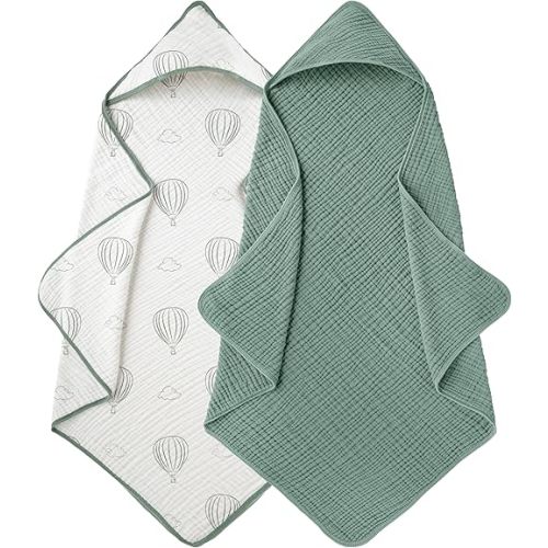 Muslin Hooded Baby Towels for Newborns, Toddler Bath Towel, 100% Cotton – 6 Layers Super Soft Absorbent Breathable, Baby Bath Towel, 32"x32", Newborn Essentials – Pack of 2