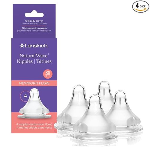 Lansinoh NaturalWave Baby Bottle Nipples, Extra Slow Flow, Size XS, 0+ Months, 4 Count – 100% Soft, Durable Silicone, Made Without BPA BPS, Anti-Colic, Supports Baby’s Developing Mouth and Teeth