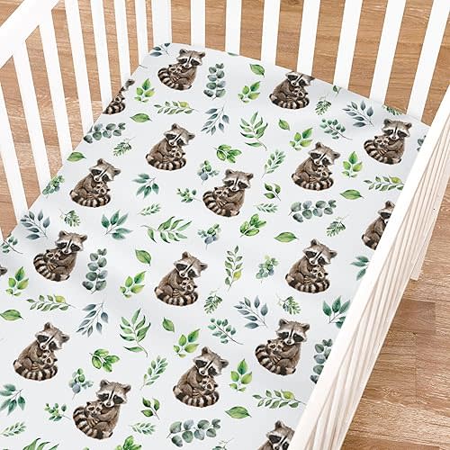 Cute Raccoon Green Leaves Baby Crib Sheets for Girl Boy 52"x28" Mother Baby Raccoon Soft Breathable Crib Mattress Cover Animals Boho Retro Leaves Bed Sheets Fits Standard Crib and Toddler Mattress
