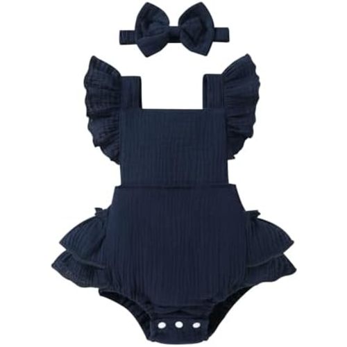 Happy Town Baby Girl Clothes Toddler Summer Linen Romper Sleeveless Ruffle Outfits Infant Girls Jumpsuit with Headband
