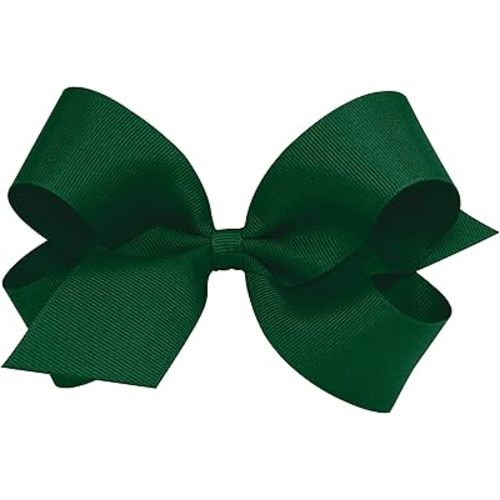 Wee Ones Girls' Classic Grosgrain Hair Bow with Plain Wrap Center on a WeeStay Hair Clip, Handmade, Small Sized Bow, Forest Green