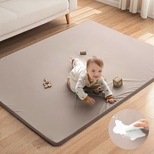 Blissful Diary Vegan Leather Baby Play Mat, Waterproof and Wipe-Clean, 67"x51" Large & Thicken Foam Playmat for Infants and Toddlers, Brown Gray