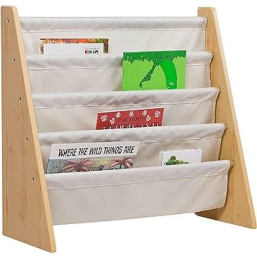 Wildkin Kids Canvas Sling Bookshelf for Boys and Girls, Wooden Design Features Four Fabric Shelves, Keep Bedrooms, Playrooms, and Classrooms Organized, Measures 25 x 24 x 11 Inches (Natural w/ Tan)