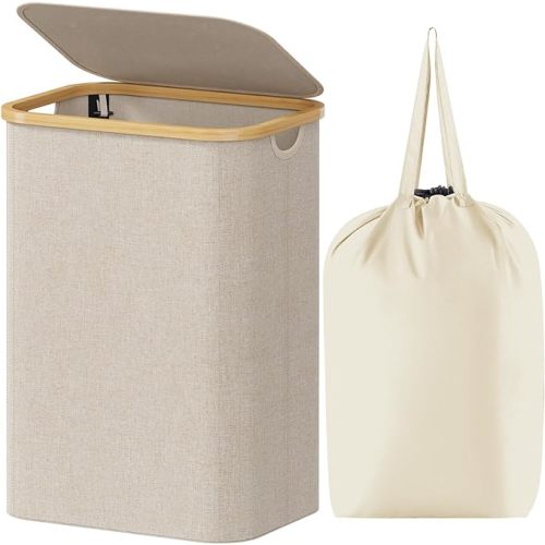 Lifewit 100L Laundry Basket with Lid, Clothes Hampers for Laundry with Bamboo Handles and 1 Removable Bag, Large Foldable Laundry Hamper for Bedroom, Bathroom, Dorm, Laundry Room, Beige