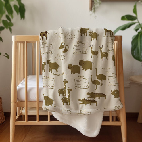 Noahs Ark Nursery Decor Minky Baptism Gift Blanket, Cute Christian Toddlers Room Cot Cozy Baby Rug, Noah's Animals Two By Two Bible Story