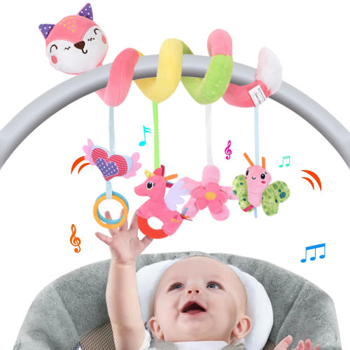 Baby Car Seat Toys, Stroller Toys, Car Seat Toys for Infants 0-6 Months, with Musical Owl Rattle Sheep Beep Ladybug Squeaker