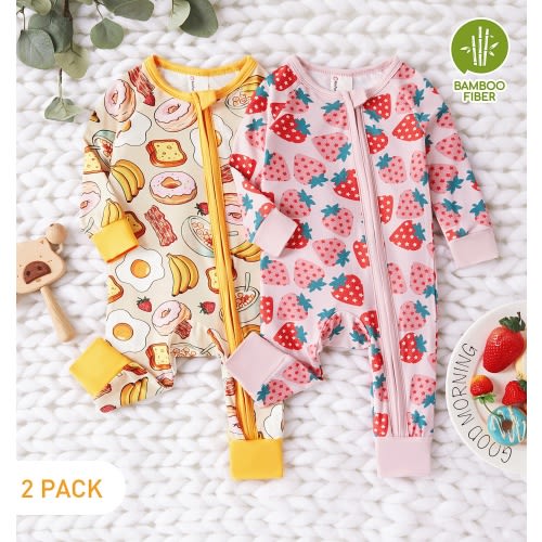 PatPat Bamboo Baby Pajamas Baby Girl Gifts Snug Fit Zipper Long-Sleeved Baby Bodysuits Sleepwear,2Pack,0-24 Months