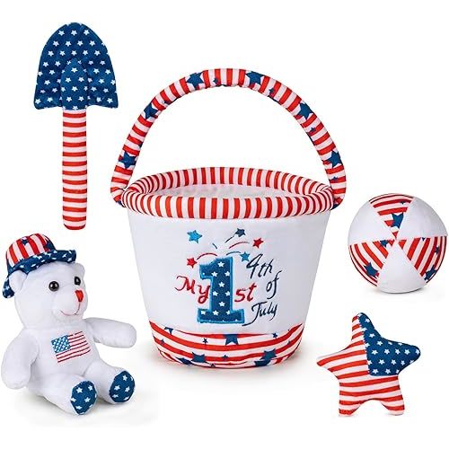 American Flag Toy and USA Plush Playset My 1st Independence Day Plush - My 1st 4th of July Baby Toys - Soft Plush Sand Bucket with 4 Sensory Infant Toys Perfect for Small Hands
